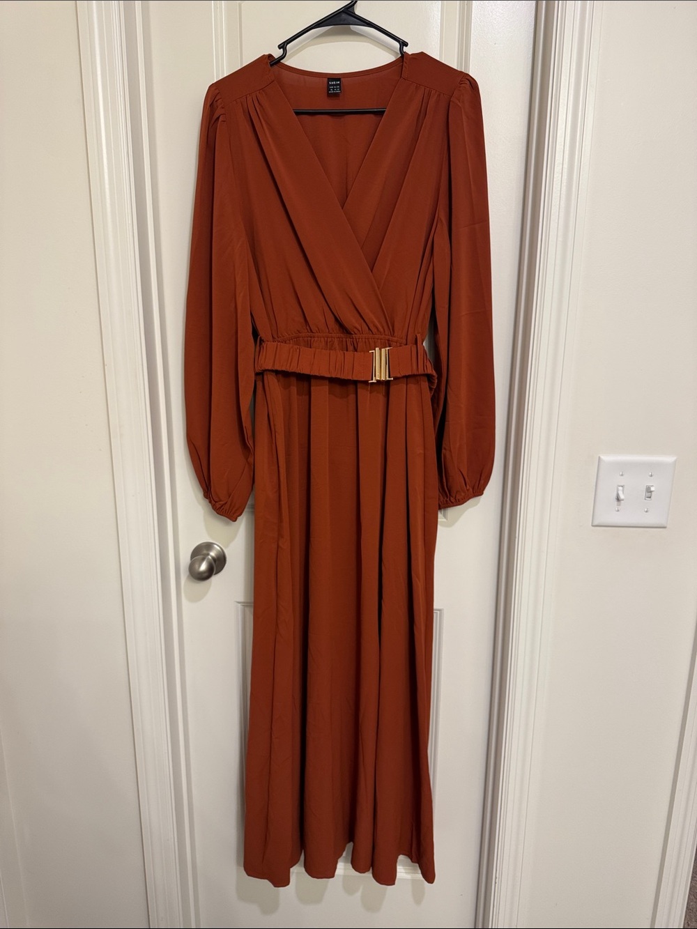 SHEIN Rust Long Sleeve Wrap Maxi Dress with Belt